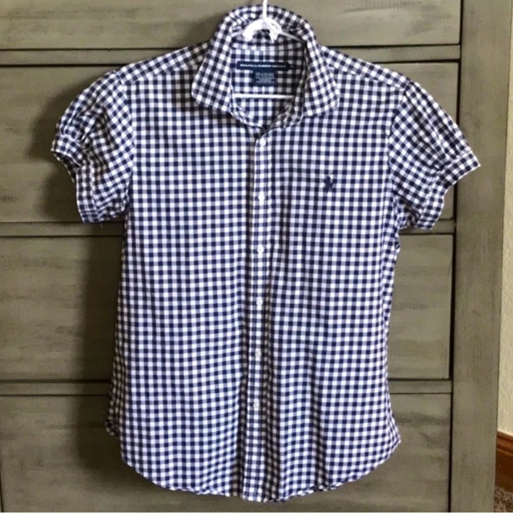 🇺🇸RALPH LAUREN Navy Gingham Puff Sleeve Top